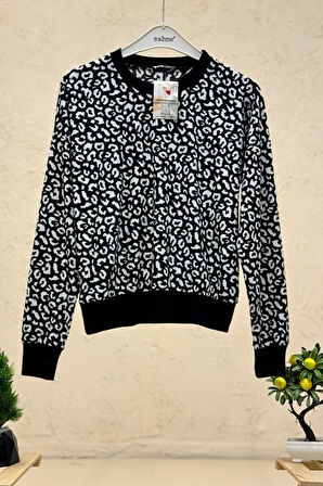 Leopar Desen Sıfır Yaka Süet Sweat