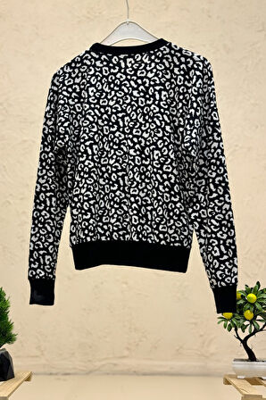 Leopar Desen Sıfır Yaka Süet Sweat