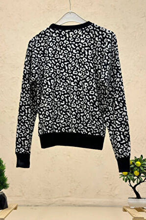 Leopar Desen Sıfır Yaka Süet Sweat