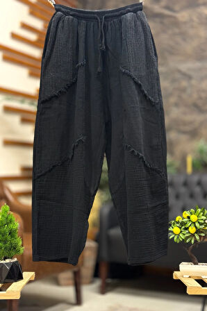 Cep File Detaylı Püsküllü Bol Paça Keten Pantolon