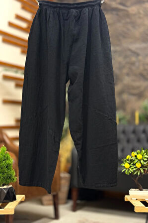Cep File Detaylı Püsküllü Bol Paça Keten Pantolon