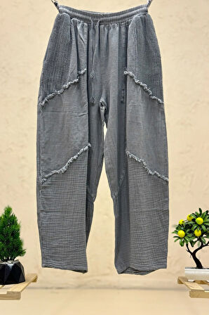 Cep File Detaylı Püsküllü Bol Paça Keten Pantolon