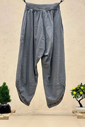 Bel Lastikli Paça Nakışlı Bol Keten Pantolon