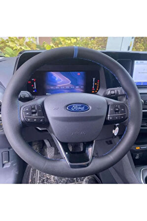 DİKİŞLİ DİREKSİYON KILIFI SİYAH DERİ MAVİ YÜZÜKLÜ FORD FOCUS