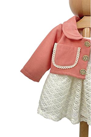 Kız Bebek Kolsuz Elbise Ceketli Bebek Elbisesi Pembe Dantelli