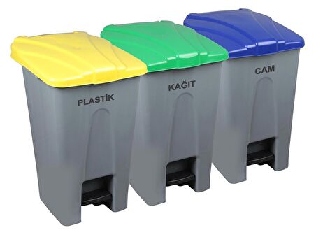 Safell Pedallı Kağıt Plastik Cam Ayrıştırma Kovası - Çöp Konteyneri - 70+70+70=210Litre