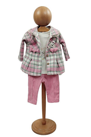 Kız Bebek Takım Yünlü Ekose Ceket Sweat Fitilli Pantolon