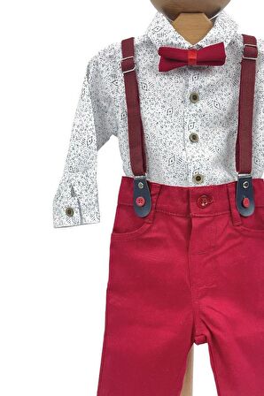 Erkek Bebek Takım Gömlek Pantalon Papyonlu Askılı Kırmızı