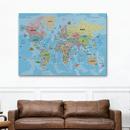 Harita Sepeti Türkçe Dünya Haritası Kanvas Tablo Son Derece Detaylı ve Dekoratif-2012