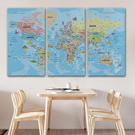 Harita Sepeti Türkçe Dünya Haritası Kanvas Tablo Son Derece Detaylı ve Dekoratif-2012