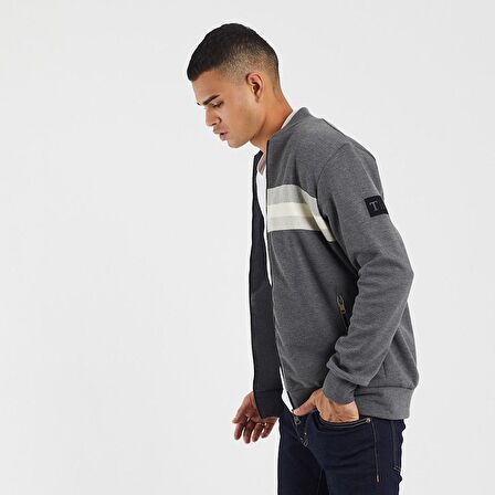 Şeritli Fermuarlı Sweat - Antrasit