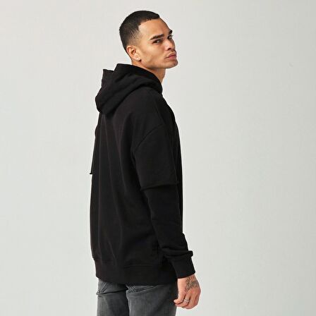 Parçalı Kol Hoodie - Siyah