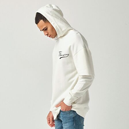 Parçalı Kol Hoodie - Ekru