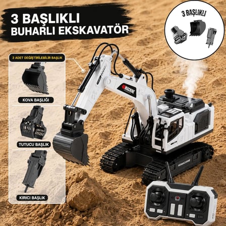 Oyuncak Uzaktan Kumandalı Şarjlı Buharlı Ekskavatör 3 Başlıklı LED Işıklı Sesli 360° Dönen Paletli İş Makinesi