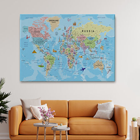 Harita Sepeti Dünya Haritası Kanvas Tablo Son Derece Detaylı Dekoratif Okyanuslu-2013