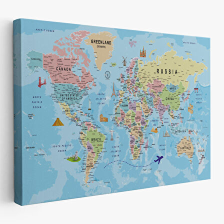 Harita Sepeti Dünya Haritası Kanvas Tablo Son Derece Detaylı Dekoratif Okyanuslu-2013