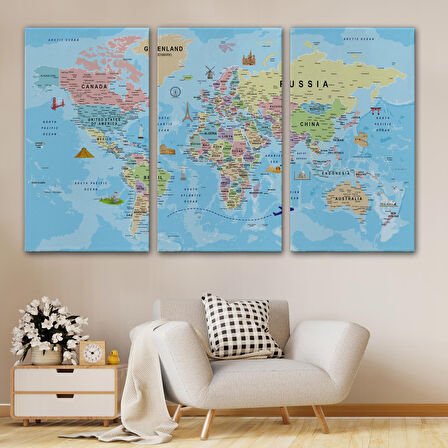 Harita Sepeti Dünya Haritası Kanvas Tablo Son Derece Detaylı Dekoratif Okyanuslu-2013