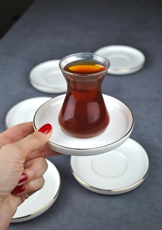 6 Kişilik Porselen Çay Tabağı Gold Yaldızlı 6 Adet Sade Modern Çay Tabak -Çizgili