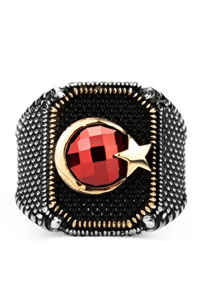 Ay Yıldız Zirkon Taşlı Gümüş Erkek Yüzüğü