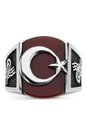Tuğra Motif Bordo Akik Taşı Ay Yıldızlı Gümüş Erkek Yüzük