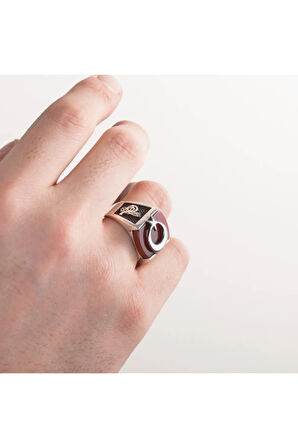 Tuğra Motif Bordo Akik Taşı Ay Yıldızlı Gümüş Erkek Yüzük