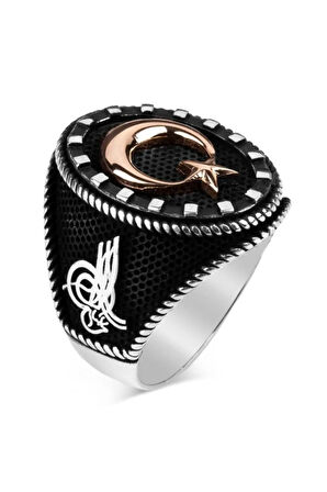 Tuğra Motifli Ay Yıldız Taşsız Gümüş Erkek Yüzük