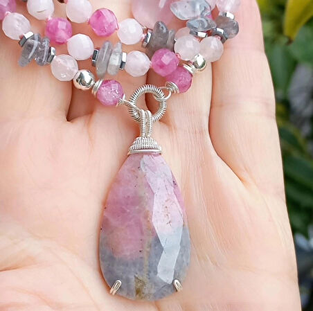 2014 Pembe/Gri Safir gümüş(925) kolye