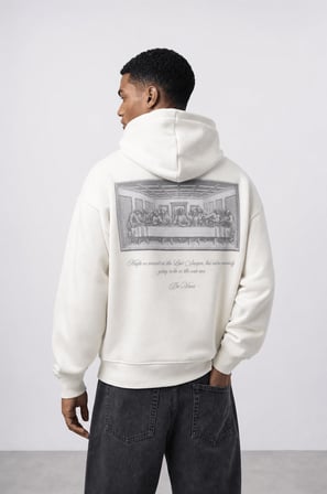 Erkek Da Vinci Baskı Detaylı Oversize Hoodie Ekru
