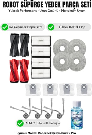Roborock Qrevo Curv 2 Pro ile Uyumlu 2 Ana Fırça 4 Yan Fırça 4 Filtre 4 Mop 1 Deterjan 4 Toz Torbası