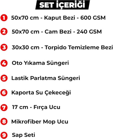 - 9 Parça Profesyonel Oto Yıkama Seti, Oto Kurulama Seti, Araba Bakım Paketi, Araç Temizleme Seti, Araba Yıkama Paketi - Mega Set