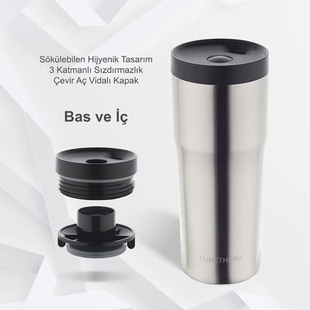 Sızdırmaz Vakumlu Çıft Katmanlı Çelik Bardak Termos 480 ml 6 saat sıcak / 12 saat soğuk - Metalik Gri