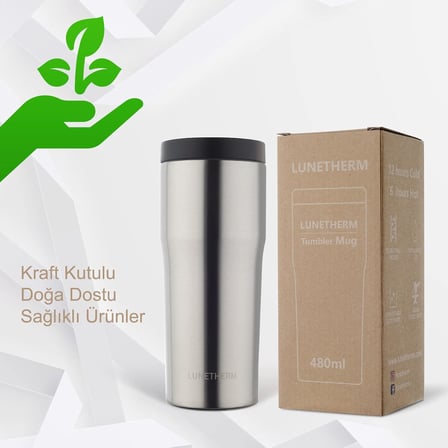 Sızdırmaz Vakumlu Çıft Katmanlı Çelik Bardak Termos 480 ml 6 saat sıcak / 12 saat soğuk - Metalik Gri