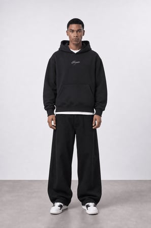 Erkek Rosette Nakışlı Oversize Hoodie Siyah