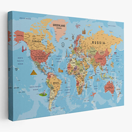 Harita Sepeti Dünya Haritası Kanvas Tablo Son Derece Detaylı Dekoratif Okyanuslu-2015