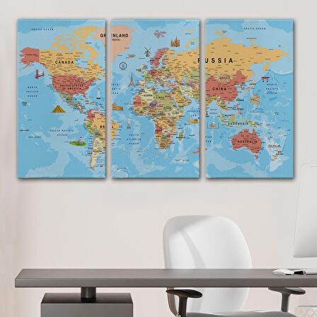 Harita Sepeti Dünya Haritası Kanvas Tablo Son Derece Detaylı Dekoratif Okyanuslu-2015