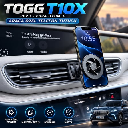 Togg T10X 2023-2024 Araç Içi Premium Telefon Tutucu - Araba Telefon Tutacağı Havalandırma Için