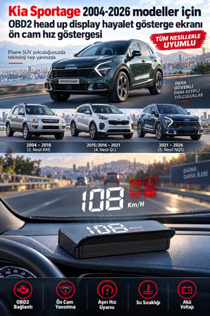 Kia Sportage 2004-2026 modeller için OBD2 head up display hayalet gösterge ekranı ön cam hız göstergesi