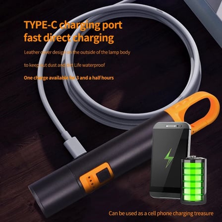 Evimdeyokyok PS-305 Şarjlı Göstergeli Askılı Zoomlu Tamirci El Feneri Siyah PowerBank Özellikli Alüminyum Alaşım 18650 Pil Tipi-C Şarj
