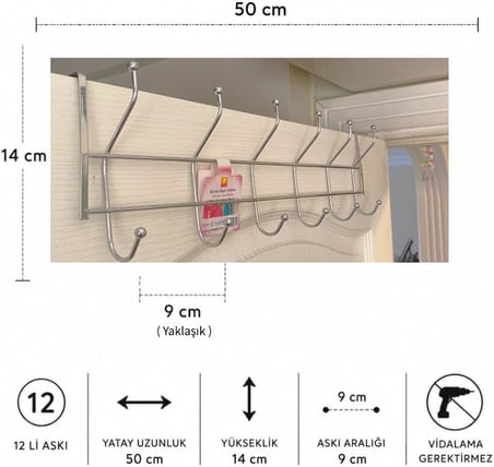 12'li Krom Kapı Arkası Askılık - 50 cm Genişlik, Vidasız Matkapsız Kapı Üstü Askı, Çok Amaçlı Elbise, Mont, Çanta Düzenleyici, Krom Kaplama Banyo, Mutfak, Oda Askılığı