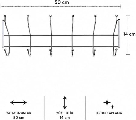 12'li Krom Kapı Arkası Askılık - 50 cm Genişlik, Vidasız Matkapsız Kapı Üstü Askı, Çok Amaçlı Elbise, Mont, Çanta Düzenleyici, Krom Kaplama Banyo, Mutfak, Oda Askılığı