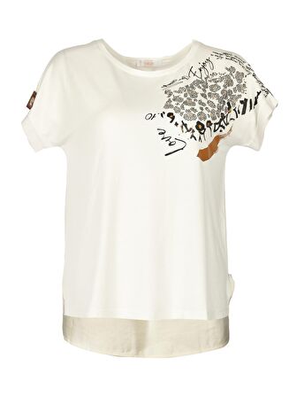 Vedi Yuvarlak Yaka Taşlı Düşük Kol Ekru Kadın T-Shirt 2243030