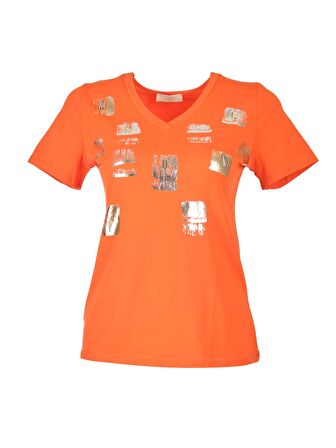 Vedi Bisiklet Yaka Baskılı Kısa Kollu Oranj Kadın T-Shirt 2243102