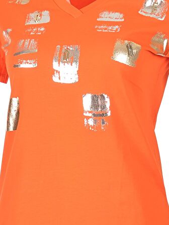 Vedi Bisiklet Yaka Baskılı Kısa Kollu Oranj Kadın T-Shirt 2243102