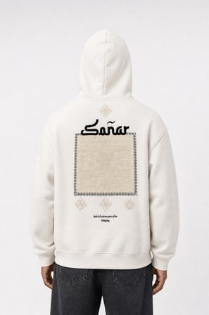 Erkek Sonar Nakışlı Oversize Hoodie Ekru