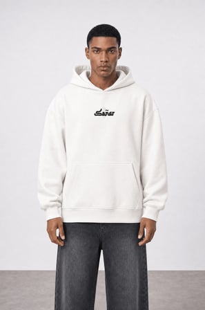 Erkek Sonar Nakışlı Oversize Hoodie Ekru