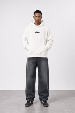Erkek Sonar Nakışlı Oversize Hoodie Ekru