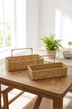 ® 2'li Duvar Askılı Plastik Rattan Organizer Sepeti, Dikdörtgen Hasır Görünümlü Banyo ve Mutfak Raf Düzenleyici, 28x10x7 cm ve 31x12x7 cm