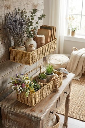 ® 2'li Duvar Askılı Plastik Rattan Organizer Sepeti, Dikdörtgen Hasır Görünümlü Banyo ve Mutfak Raf Düzenleyici, 28x10x7 cm ve 31x12x7 cm