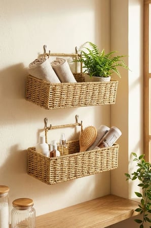® 2'li Duvar Askılı Plastik Rattan Organizer Sepeti, Dikdörtgen Hasır Görünümlü Banyo ve Mutfak Raf Düzenleyici, 28x10x7 cm ve 31x12x7 cm