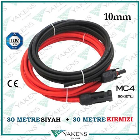 Mc4 Soketli (30m+30m) 60 Metre 10mm Güneş Paneli Hazır Solar Kablo Siyah Kırmızı